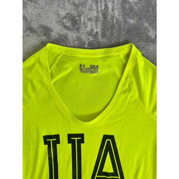 Under Armour Neon Yellow Heatgear Semi Fitted Graphic Womens Cut Tee Small - Picture 6 of 7